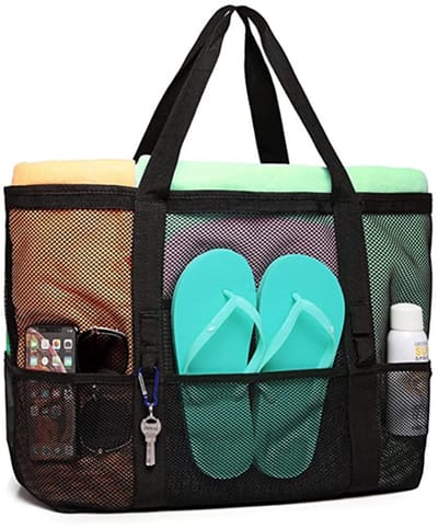 Mesh strandtas - grote strandtas - met ritsvak - perfect voor een familiezwembadtas - geschikt voor speelgoed en vakantiebenodigdheden