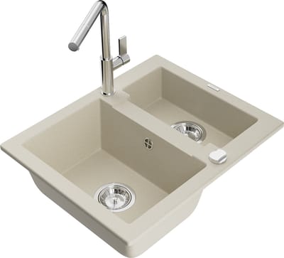 Mexen Carlos granieten gootsteen 1,5-kamer met keukenmengkraan Flora, beige - 6518-69-670401-00