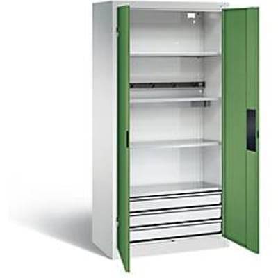C+P acculaderkast Basic met deuren van massief plaatstaal, H 1950 x B 930 x D 500 mm, lichtgrijs/resedagroen