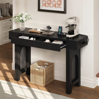 DESMIU Consoletafel - Met 2 Lades En Ingebouwde Stopcontacten - Smal Voor Hal En Woonkamer - Mdf - 120x35,5x76,5 Cm - Zwart
