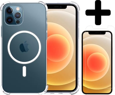 Hoesje - Met Screenprotector - Geschikt voor Apple iPhone 12 Pro - Magsafe Compatible - Sterk & Shockproof - Back Cover - Shock Proof Case - Telefoon Hoes - Telefoonhoesjes - Transparant