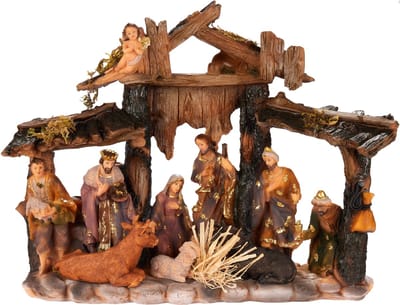 BRUBAKER Kerststal - 34 cm tafelkribbe kerstfiguur met handbeschilderde figuren Jezus, Maria, Jozef en Koningen in de kerststal met dieren - kerststalfiguur kerstdecoratie van polyhars