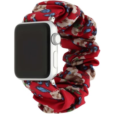 123watches bandje Savara - scrunchie - nylon - rood met bloemen - 38 · 40 · 41 & 42 mm · S/M - Geschikt voor Apple Watch series 1/2/3/4/5/6/7/8/9/10/11/12/SE/SE2/SE3