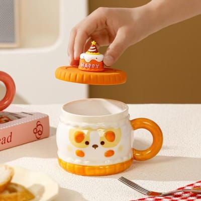 Tasse avec Couvercle Tasse de Dessin Animé Tasse d'Apparence Haut de Gamme Céramique Mignonne Fille Tasse à Eau Cadeau d'Anniversaire Souvenir 401-500ml