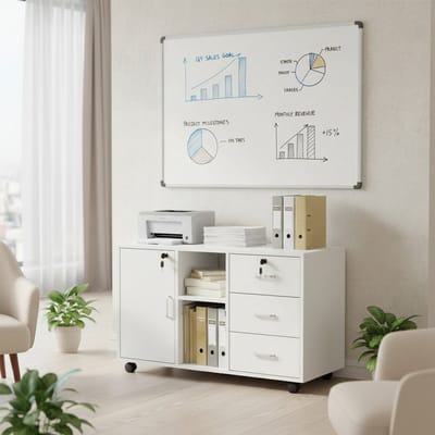 Afsluitbare archiefkast met 3 lades - 2 open vakken en 1 deur – Afsluitbare bureaukast op 4 wielen – Houten onderkast – Mobiele rolkast - Wit