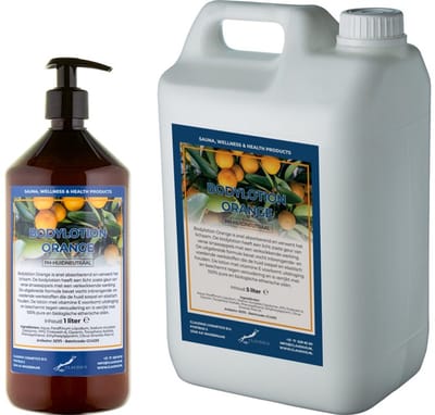 Bodylotion Orange 1 liter met gratis pomp - hervulbaar + Jerrycan 5 liter navulling