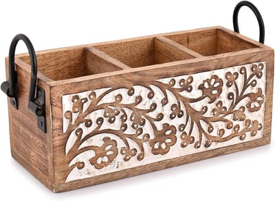 Famanu - Houten Bestek Caddy 3 Compartimenten, multifunctionele desktop organizer voor keuken aanrecht en bureau, 27,9 cm compact opbergsysteem