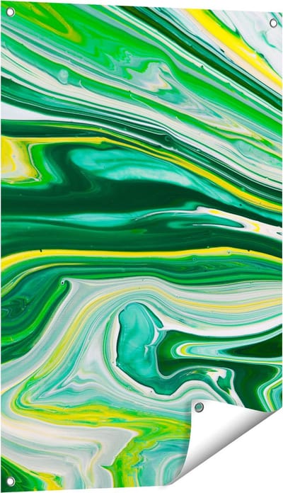 Gards Tuinposter Abstracte Kunst - Groen met Gele Verf - 60x90 cm - Tuindoek - Tuindecoratie - Wanddecoratie buiten - Tuinschilderij