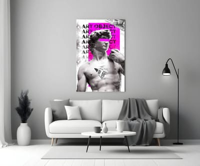 Glasschilderij – David met Roze Veeg – Moderne Street Art – Abstracte Klassieke Kunst - 90x60 cm