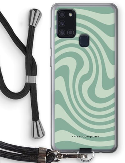 Case Company® - Hoesje met koord geschikt voor Samsung Galaxy A21s hoesje met Koord - Swirl Groen - Telefoonhoesje met Zwart Koord - Bescherming aan alle Kanten en Over de Schermrand