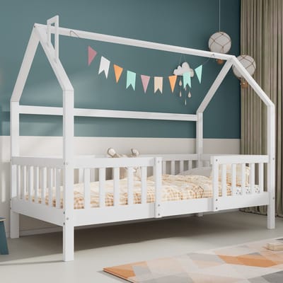 Kinderhutbed met open haard, stevige lattenbodem, kinderhutbed van grenenhout, 90 x 200 cm zonder matras, wit