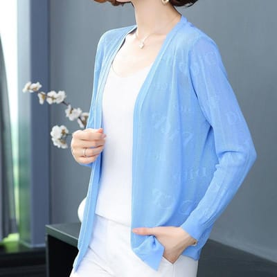 Cardigan Dunnen Dames IJszijde Zonwerende Kleding Gebreide Trui Dames Zomerkleding Sjaal met Rok Plus Los Gatenpatroon Kleding 4XL blauw