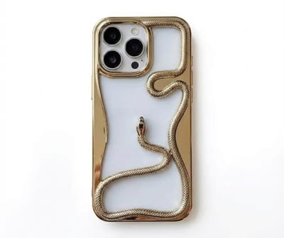 Goudkleurig slang design telefoon hoesje geschikt voor iPhone 14 Pro Max dames en heren met 3D reliëf slang detail, zachte TPU backcover met electroplating rand en effen kleur afwerking
