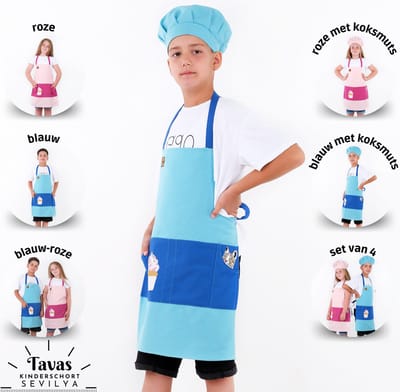 Sevilya blauw Kinderschort met koksmut | kookschort kinderen blauw jongen | keukenschort schilderschort knutselschort kinderschort kat en cupcake met tas om te beschilderen bakken koken tuin