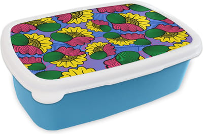 Broodtrommel Blauw - Lunchbox - Brooddoos - Bloemen - Patroon - Afrika - 18x12x6 cm - Kinderen - Jongen