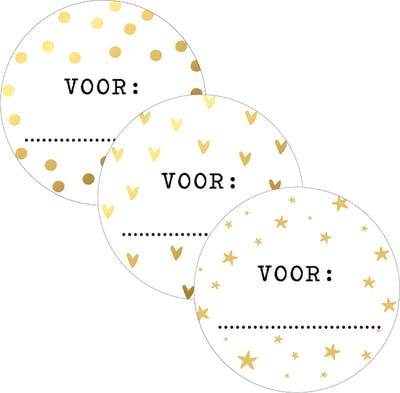 12 Cadeaustickers: Voor… - Wit met goudfolie- Ronde sticker 3 cm - Cadeauversiering- Sluitzegel- Traktatiesticker- Wensetiket