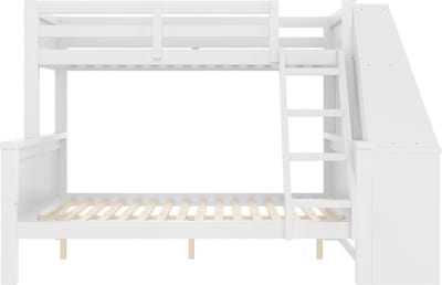 Stapelbed van 90*200 cm + 140*200 cm, kinderbed, voorzien van tafel, grote opbergruimte, hoge reling, ladderpositie naar keuze, wit
