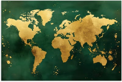 Poster 180x120 cm - Wereldkaart - Groen - Goud - Posters - Kamer decoratie - Wanddecoratie woonkamer - Muurdecoratie slaapkamer XXL