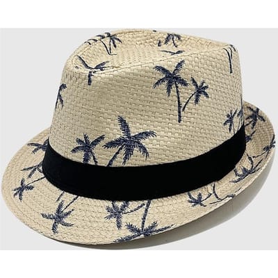 Kleine Rand Papyrus Jazz Hoed Zomer Stro Geweven Zonneklep Kokosboom Print Strand Zonbescherming Hoed M（56-58cm）