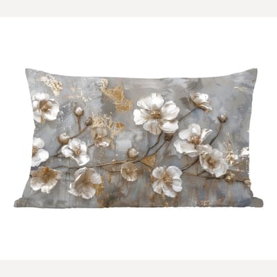 Sierkussens - Kussentjes Woonkamer - 60x40 cm - Bloemen - Wit - Grijs - Goud - Luxe