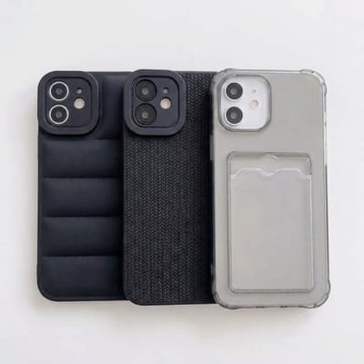 Grijs en zwart telefoon hoesje set met kaartvak en structuur design geschikt voor iPhone 11 – backcover cases voor dames en heren met transparant hoesje, geribbelde textuur en gewatteerd uiterlijk