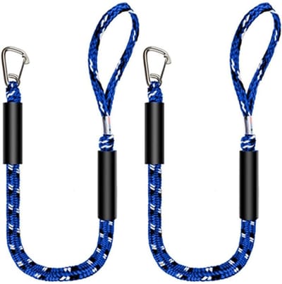 Landvast Bootuitrusting - 2 stuks - Uitrekken 1.2 - 1.7M - Aanlegtouw voor boten - blauwzwart - Aanmeertouw - Boottouw - Bootaccessoires voor boten dok - Docklijn met haken - Voor boten, kajak, jetski, pontoon, kano