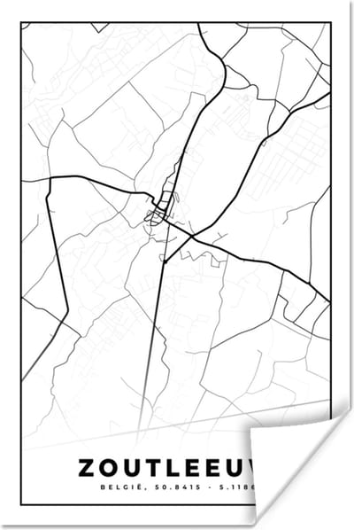 Poster Zwart Wit – België – Plattegrond – Stadskaart – Kaart – Zoutleeuw - 120x180 cm XXL