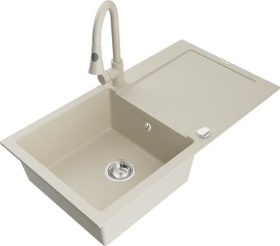 Mexen Leo granieten gootsteen 1-kompartment met afdruiprek en keukenmengkraan Elia, beige - 6501-69-670101-69
