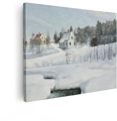 Artaza Canvas Schilderij Winterlandschap - 120x90 cm - Wanddecoratie Natuur - Muurdecoratie Besneeuwd Huisje - Schilderijen Landschap