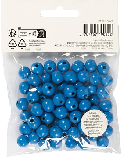 Houten Kralen, d 10 mm, gatgrootte 3 mm, ca. 70 stuk, blauw, 20 gr/ 1 doos