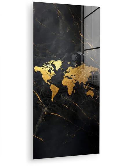 MuchoWow® Glasschilderij 40x80 cm - Schilderij acrylglas - Wereldkaart - Goud - Marmer - Foto op glas - Muurdecoratie woonkamer - Wanddecoratie slaapkamer - Schilderijen