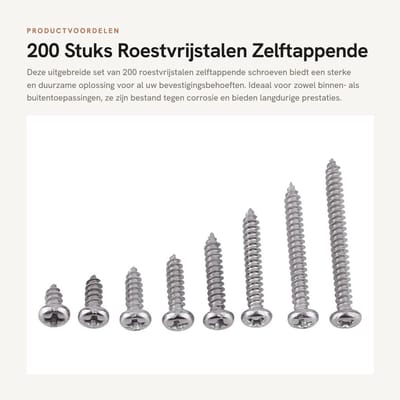 Dailygoods- Zelftappende Schroeven 200 Stuks - Roestvrij Staal SS304 - Platte/Ronde Kop - M3 Afmetingen - Montage/Boorschroeven - Schroevenset