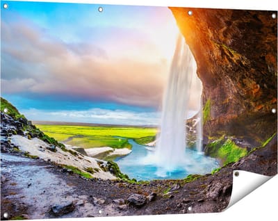 Gards Tuinposter Waterval van een Klif bij Zonsondergang - 120x80 cm - Tuindoek - Tuindecoratie - Wanddecoratie buiten - Tuinschilderij