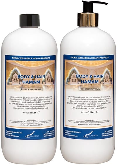 Body & Hair Hamam 1 liter met gouden pomp - set van 2 stuks - 2 in 1 voor lichaam en haar - voordeelverpakking