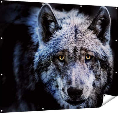 Gards Tuinposter Grijze Wolvenkop - Wolf - 150x120 cm - Tuindoek - Tuindecoratie - Wanddecoratie buiten - Tuinschilderij