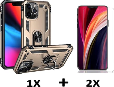 HB Hoesje Geschikt voor Apple iPhone 13 Pro - Goud / 2X Glazen Screenprotector - Anti-Shock Hybrid Armor Back Cover - Hoes met Kickstand Ring