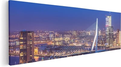 Artaza Canvas Schilderij Skyline - 60x20 cm - Wanddecoratie Rotterdam - Muurdecoratie Erasmusbrug - Kamer Accessoires