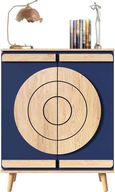 Schoenenkast met rond geometrisch design - Houtlook - Stofdichte deuren, meerlaagse opbergruimte, massief houten poten - Modern, geschikt voor hal en entree