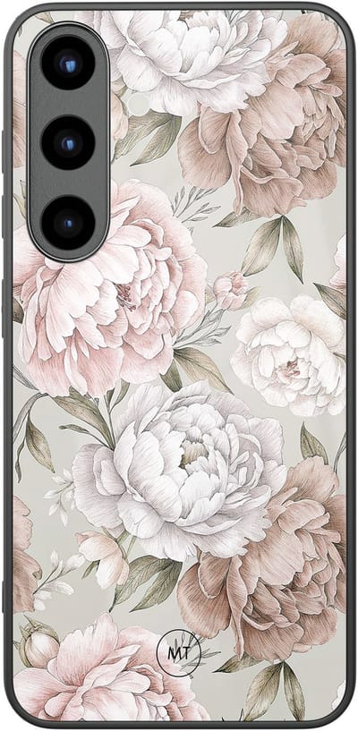 Hoesje geschikt voor Samsung Galaxy S25 - Klassieke bloemen - Hard Case Zwart Back Cover - Bloemen - Beige - Mooie Telefoonhoesjes