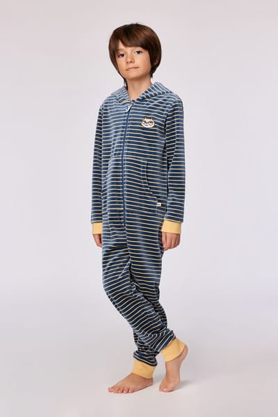 Woody onesie velours unisex - antraciet-geel gestreept - kat - 252-10-ONE-V/916 - maat 140