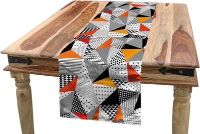 ABAKUHAUS geometrische tafelloper, veelhoekige moderne kunst, eetkamerkeuken rechthoekige decoratieve tafelloper, 40 x 225 cm, oranje zwart wit