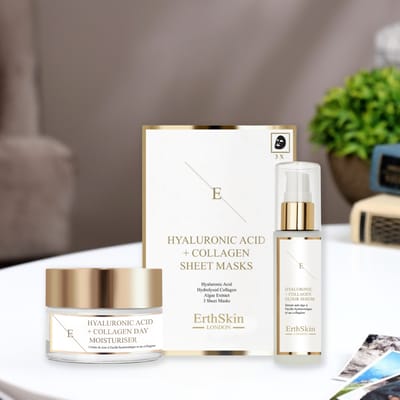 Hyaluronzuur & Collageen Dagcrème 50ml + Hyaluronzuur & Collageen Serum - 60ml + Hyaluronzuur & Collageen Masker - 3 vellen