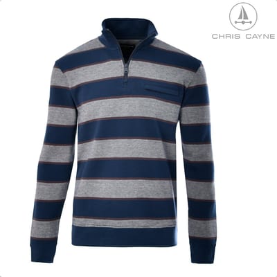 Chris Cayne sweatshirt - M - gestreept - Trui - blauw/beige - schipperskraag - jersey - borstzak