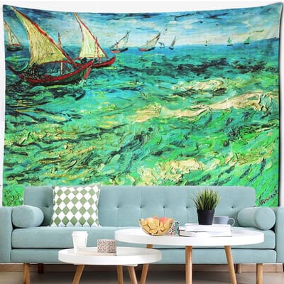 Zeezeilen Olieverfschilderij Wandtapijt Wandhanger Van Gogh Kunst Olieverfschilderij Boheemse Slaapkamer Woonkamer Woondecoratie 95x70CM