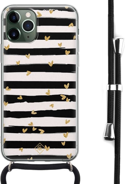 Casimoda® hoesje met koord - Geschikt voor iPhone 11 Pro - Hart Streepjes - Afneembaar koord - Siliconen/TPU - Zwart