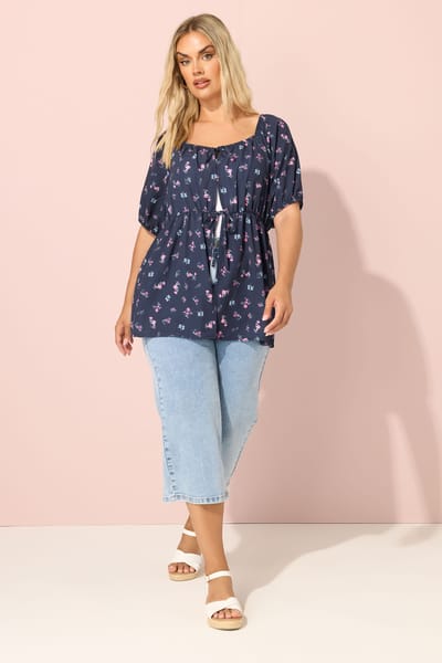 Yours Marineblauwe Top Met Bloemenprint En Strik Aan De Voorkant Size 42