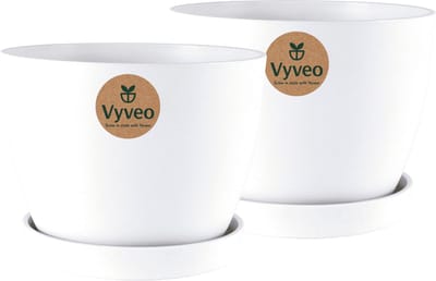 Vyveo - Bloempot Lunda met onderzetter - Set van 2 - 14x10 - Wit - Bloempot voor binnen en buiten - Lichtgewicht - Breukbestendig - Vorstbestendig - UV-bestendig