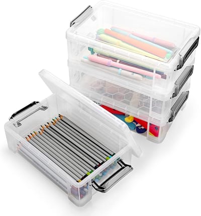 Set van 4 Stapelbare Doorzichtige Potlodenboxen, 20 x 12,5 x 6 cm, Ideaal voor School en Kantoororganisatie