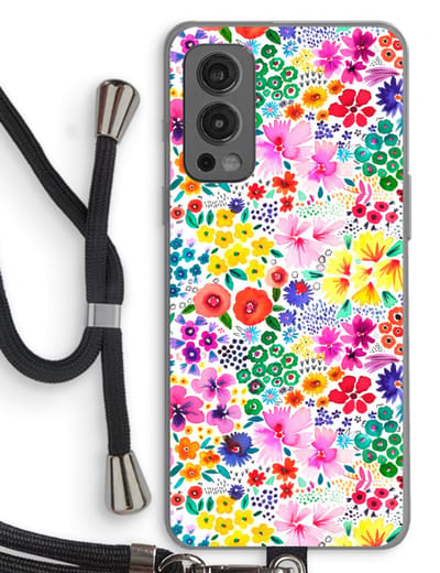 Case Company® - Hoesje met koord geschikt voor OnePlus Nord 2 5G hoesje met Koord - Little Flowers - Telefoonhoesje met Zwart Koord - Bescherming aan alle Kanten en Over de Schermrand