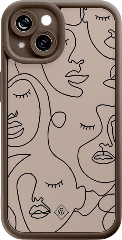 Casimoda® hoesje - Geschikt voor iPhone 14 - Abstract Faces - Effen telefoonhoesje met lensbescherming - Siliconen/TPU - Backcover - Bruin/beige